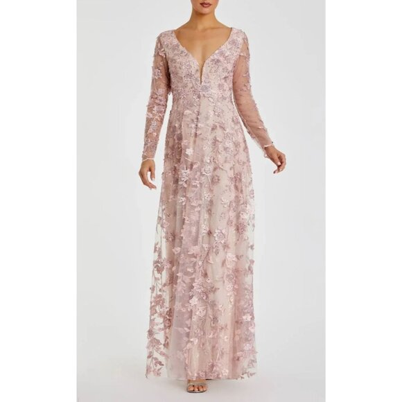 NWT MAC DUGGAL 70224 Pink Floral Applique Long Sleeve Illusion Gown Pink Size 8 - Picture 2 of 15